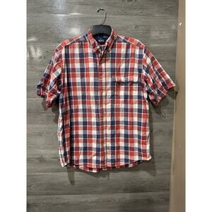 Vintage Woolrich Short Sleeve Plaid Button Up Sz XL Red, White, Blue Patriotic